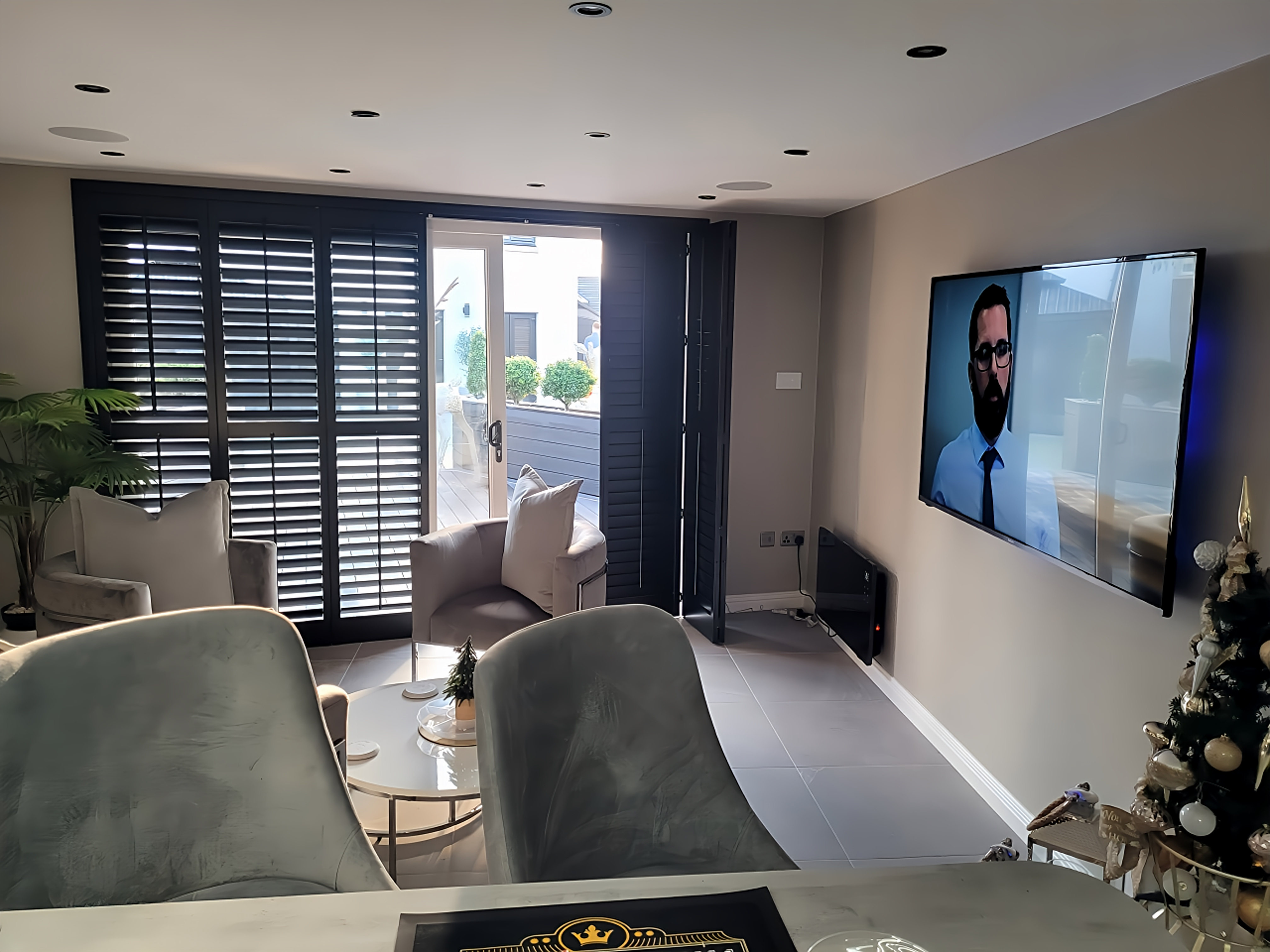 Garden cabin interior with shutters
